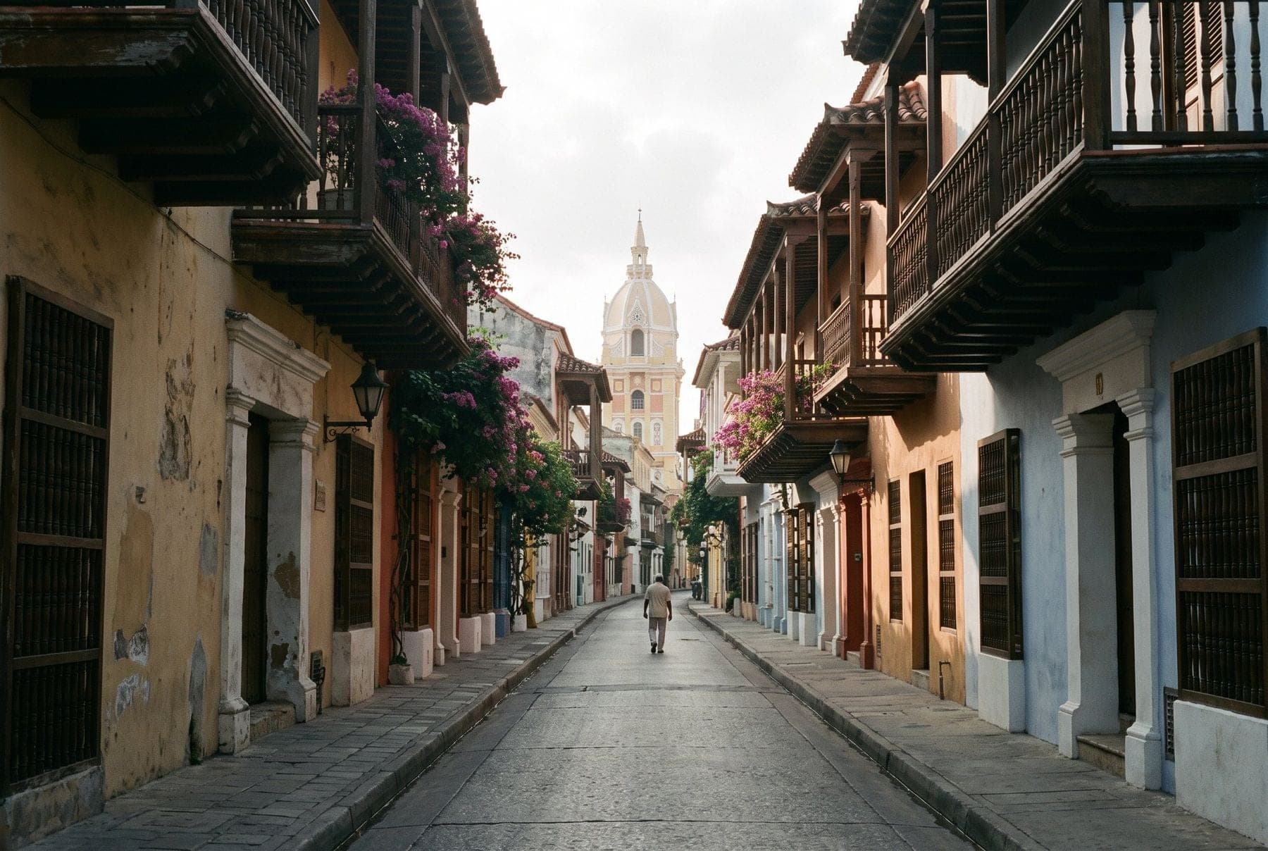 A quiet colonial street of painted houses with wooden balconies and bougainvillea, a cathedral tower at the end