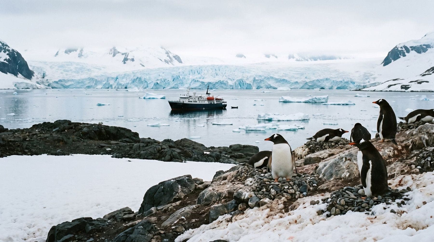 Gentoo penguins on pebble nests on dark rock, an expedition ship anchored offshore below a glacier