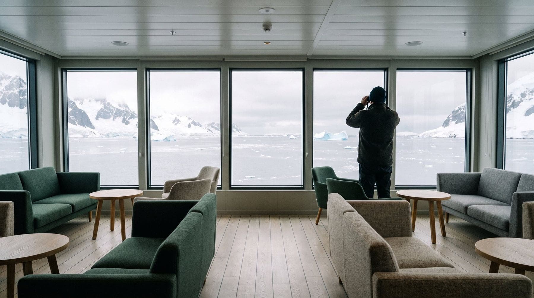 The observation lounge of a small expedition ship, a guest at the window with binoculars, ice outside