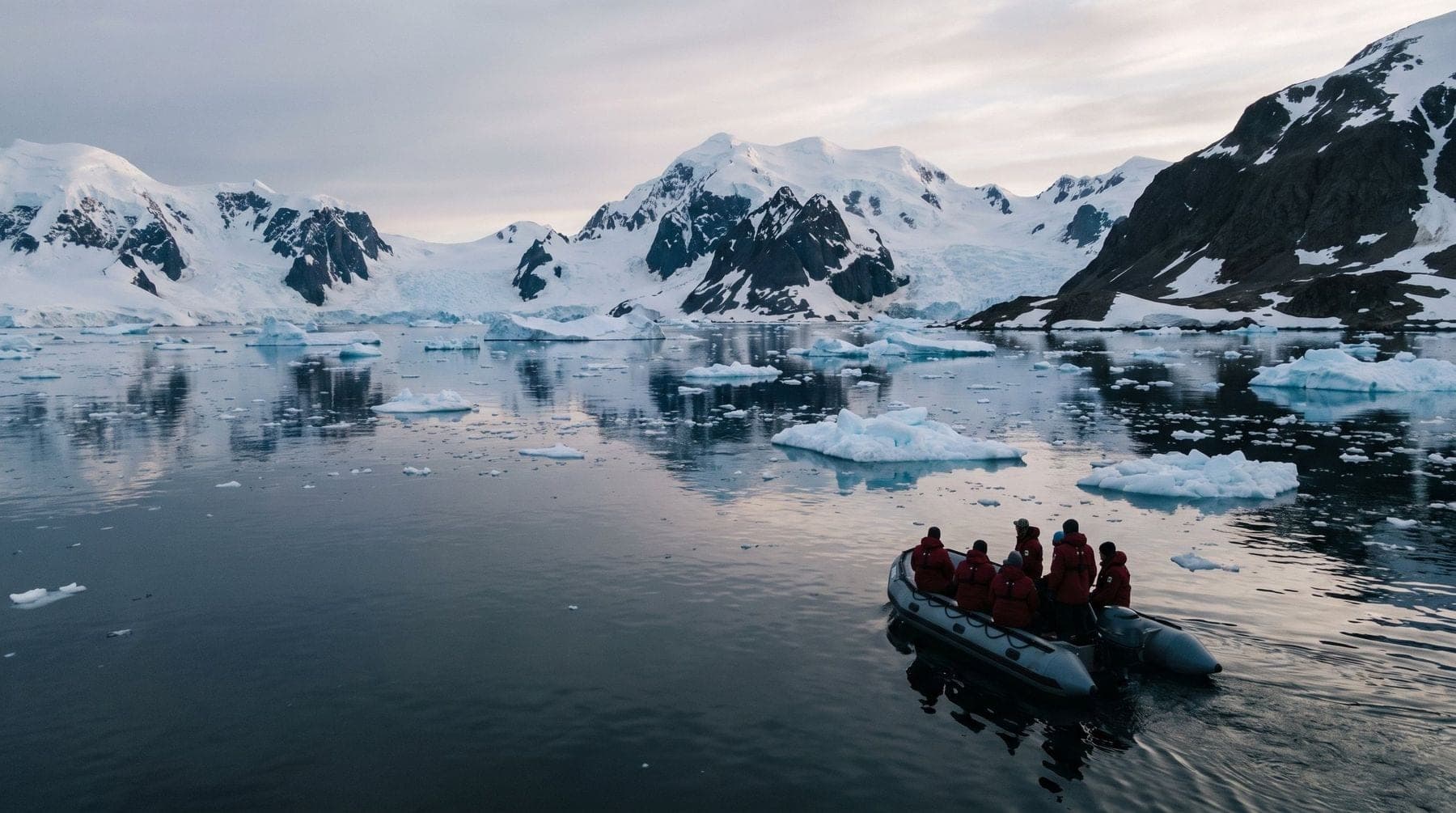 A Zodiac of guests in red parkas cruising among icebergs on still water below glaciated peaks