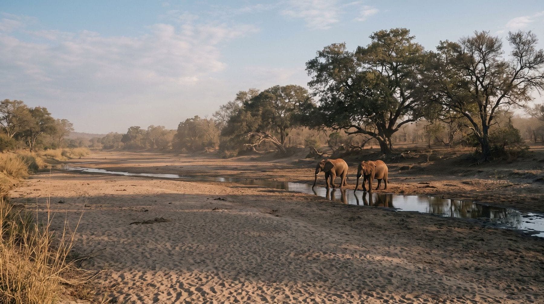 Elephants drinking in a sandy river bed in Kruger National Park