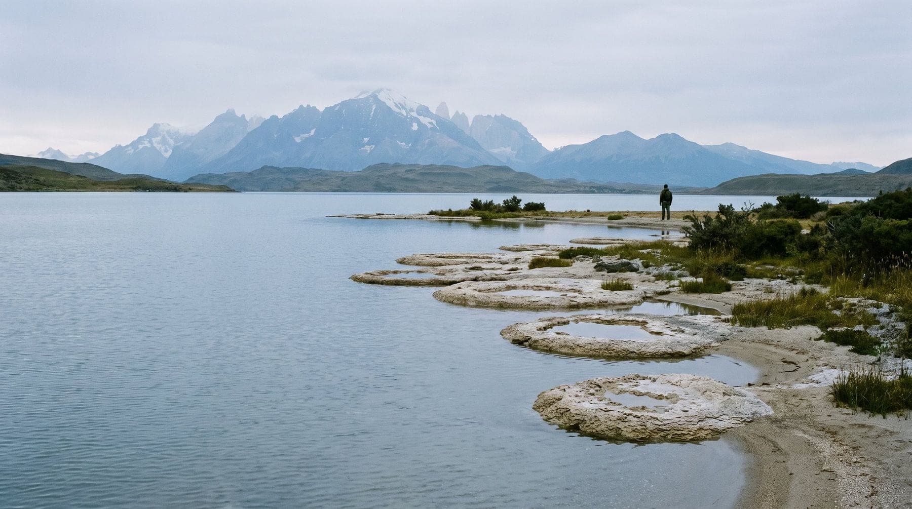 The shore of Lake Sarmiento with the Paine massif in the distance