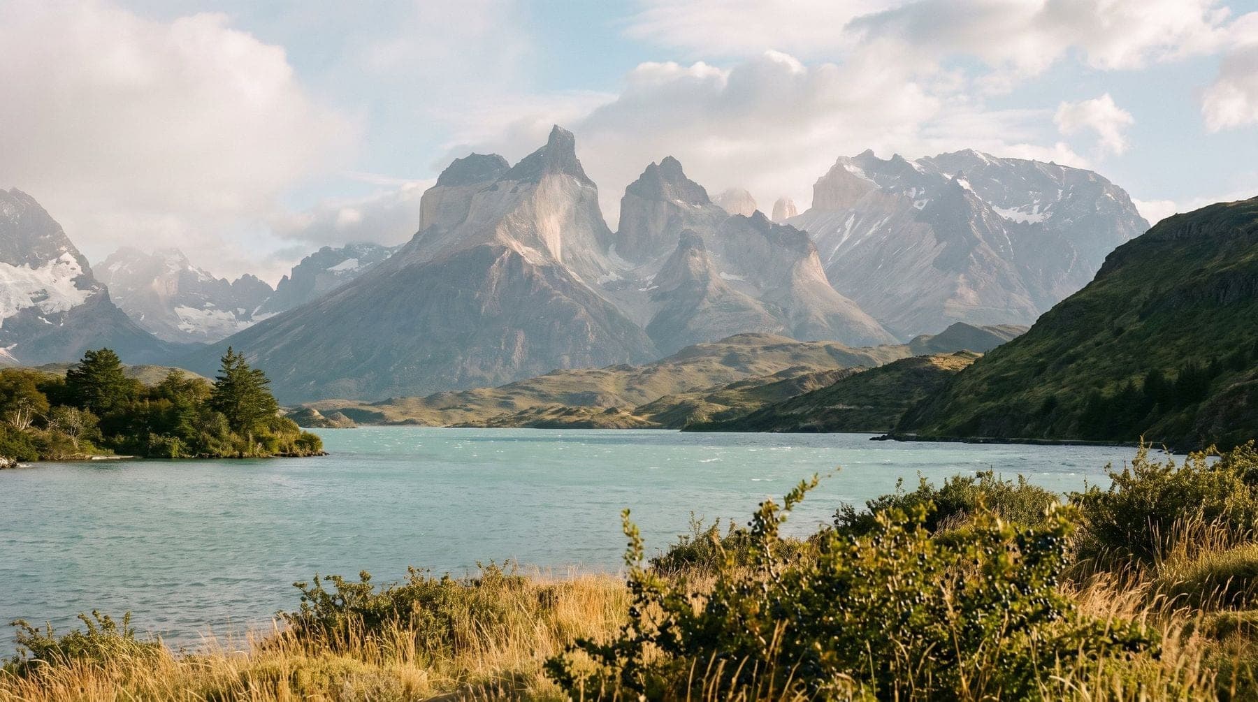 Granite peaks above a lake and scrubland under drifting cloud