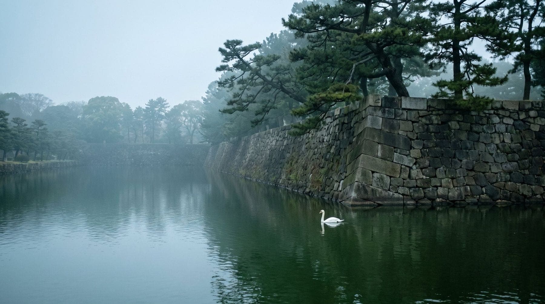 Stone walls and pines above the Imperial Palace moat, Tokyo