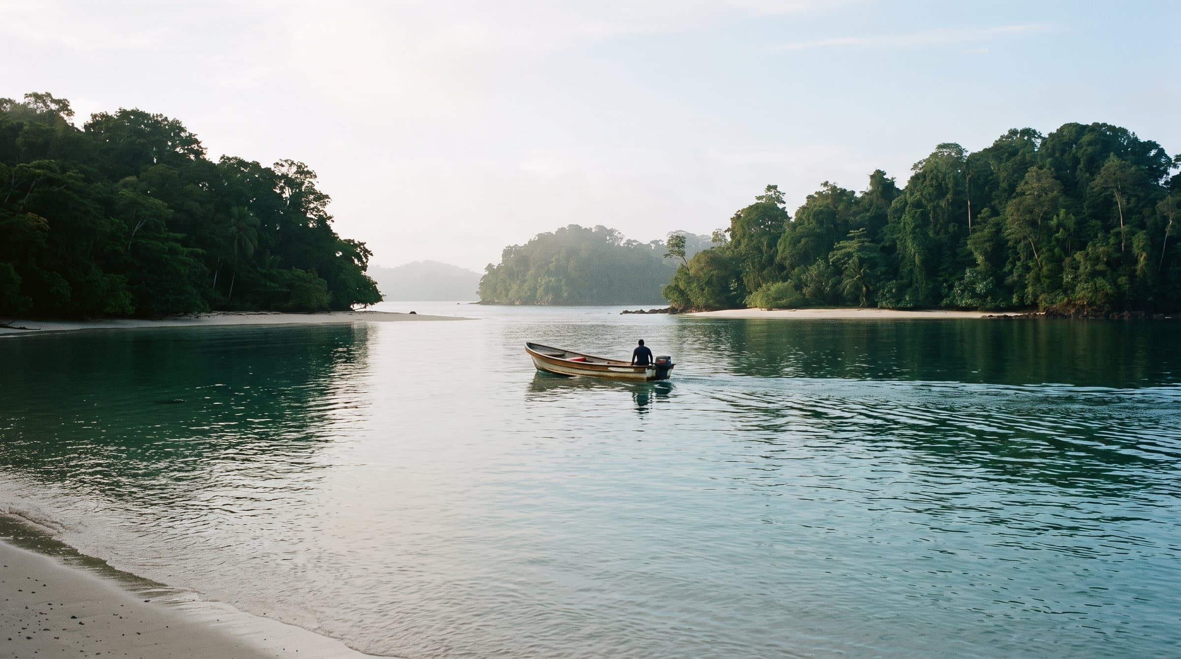 Forested islands with pale sand edges across calm water in early light, one small open boat crossing