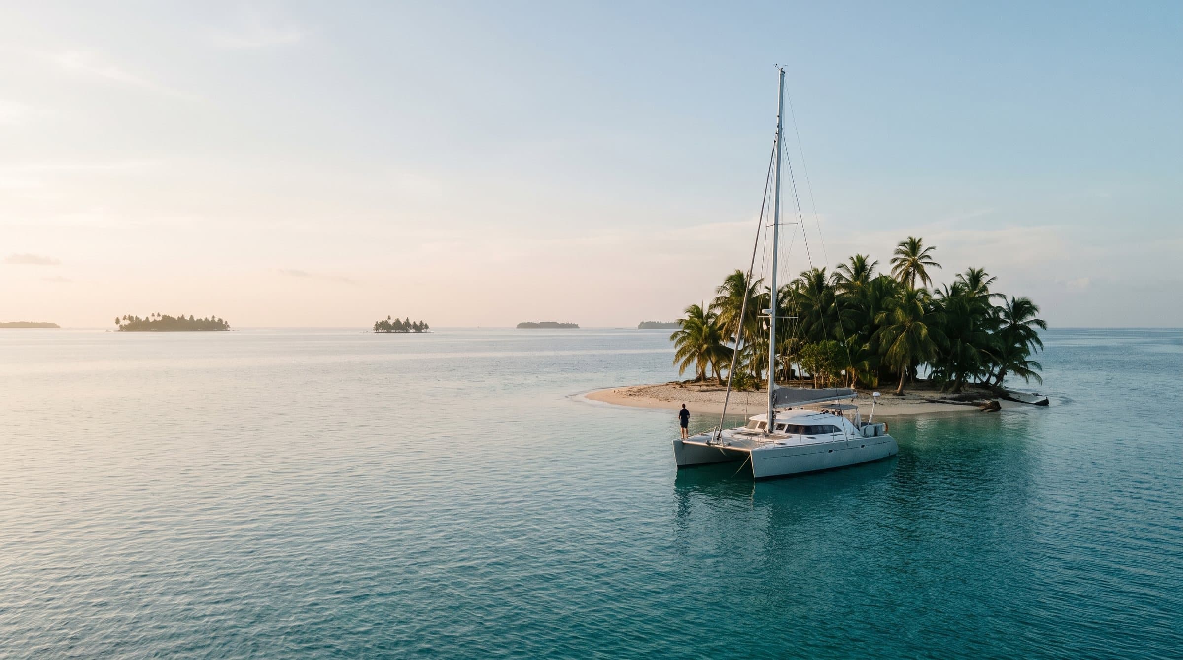 A sailing catamaran at anchor in turquoise water beside a tiny palm-covered sand cay, more cays on the horizon