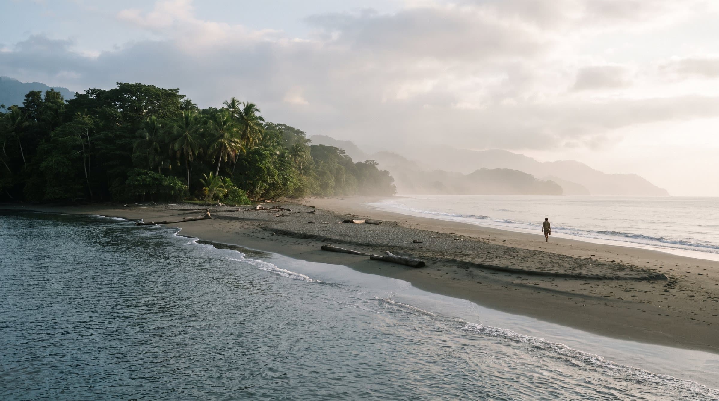 Rainforest meeting a wide empty beach at low tide in soft haze, one small figure walking at the waterline