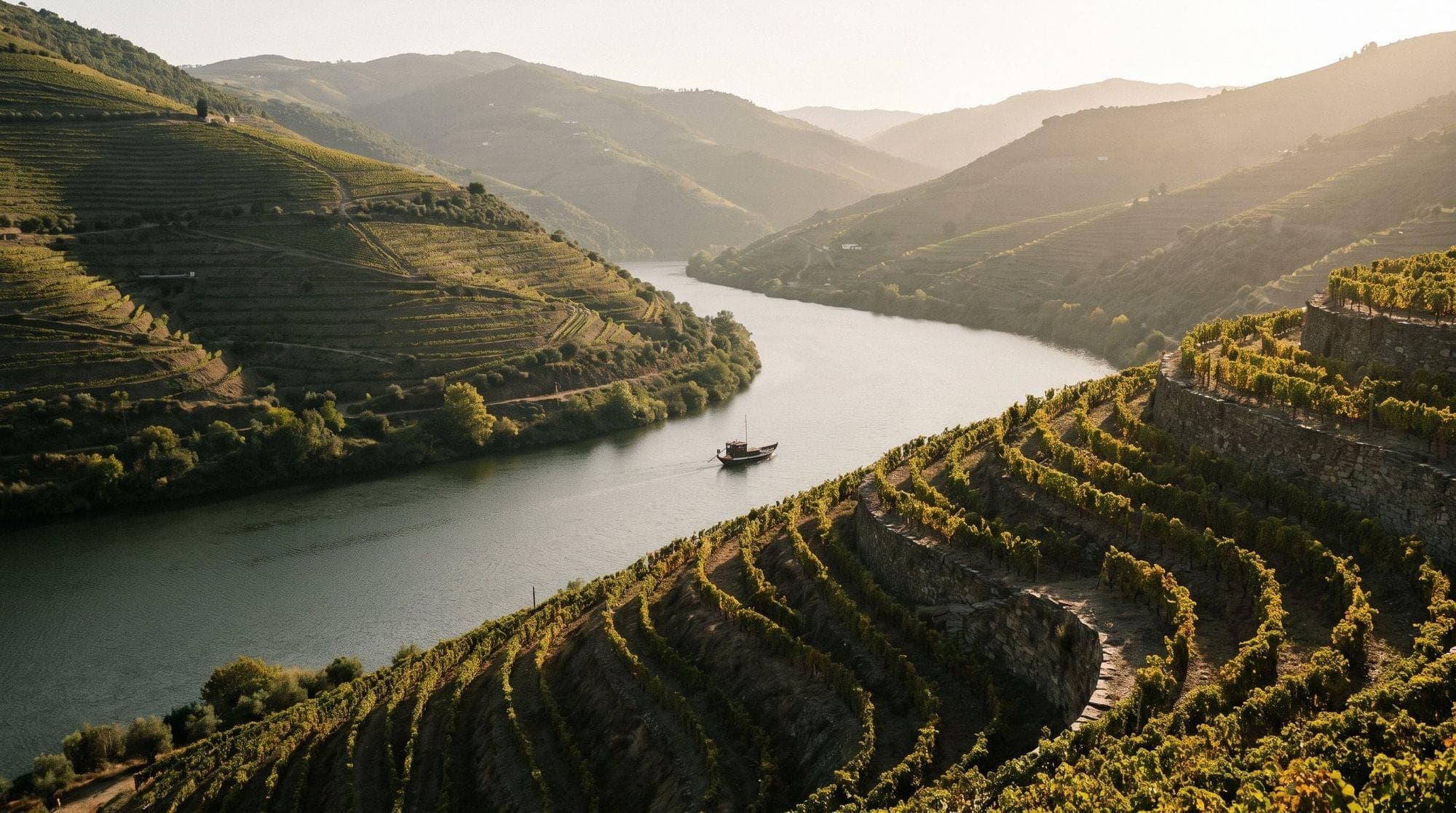 Terraced vineyards above a bend in the Douro river