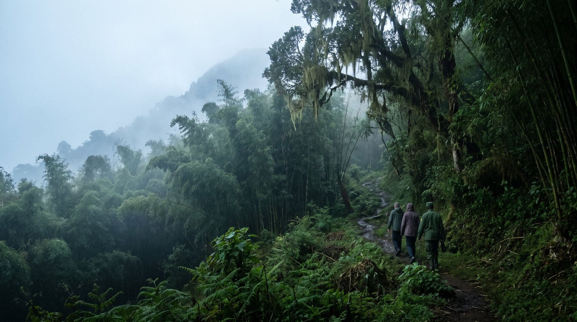 Trekkers on a misty bamboo forest trail