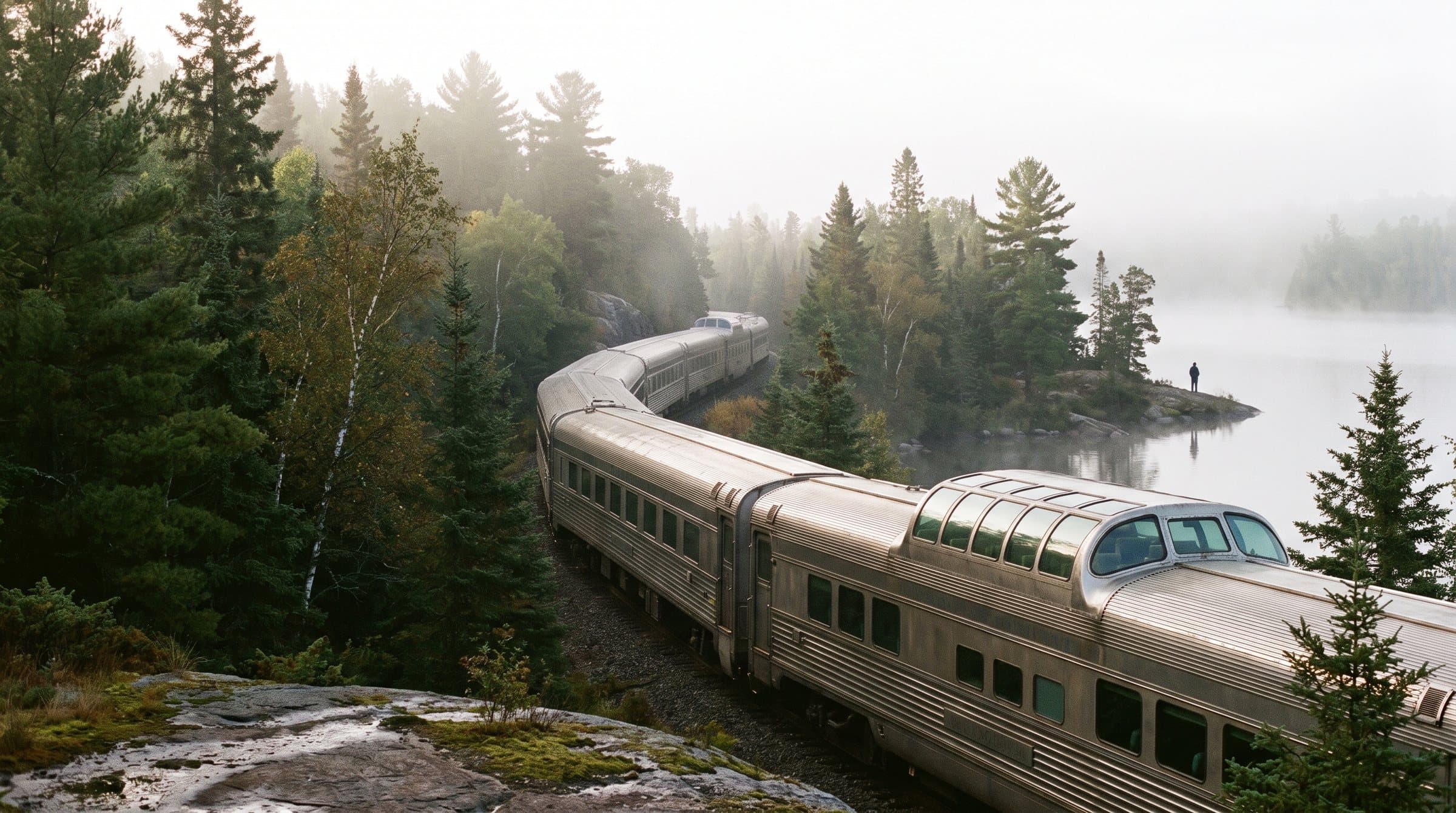 A long stainless steel passenger train with a glass dome car curving along a misty lake shore in the boreal forest
