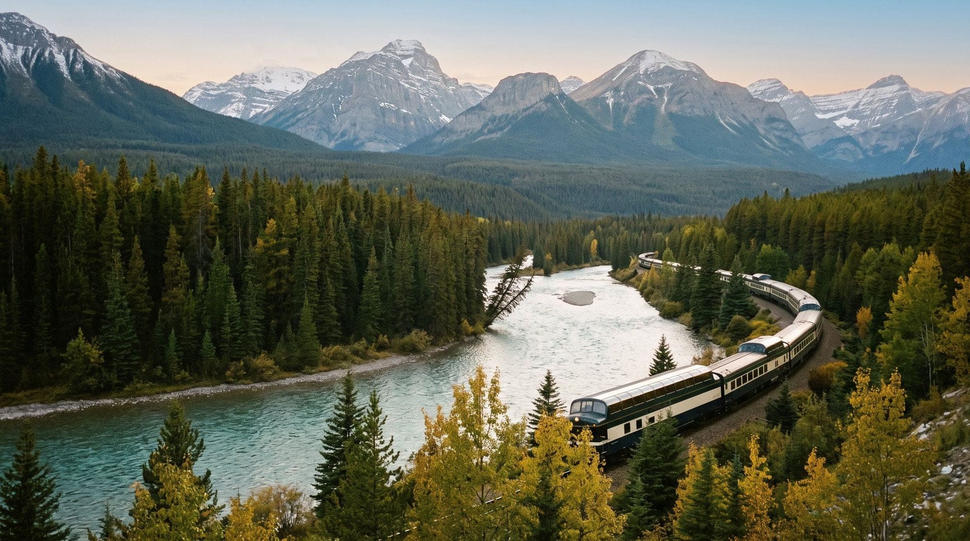 A passenger train curving along a river below snow-capped peaks in autumn