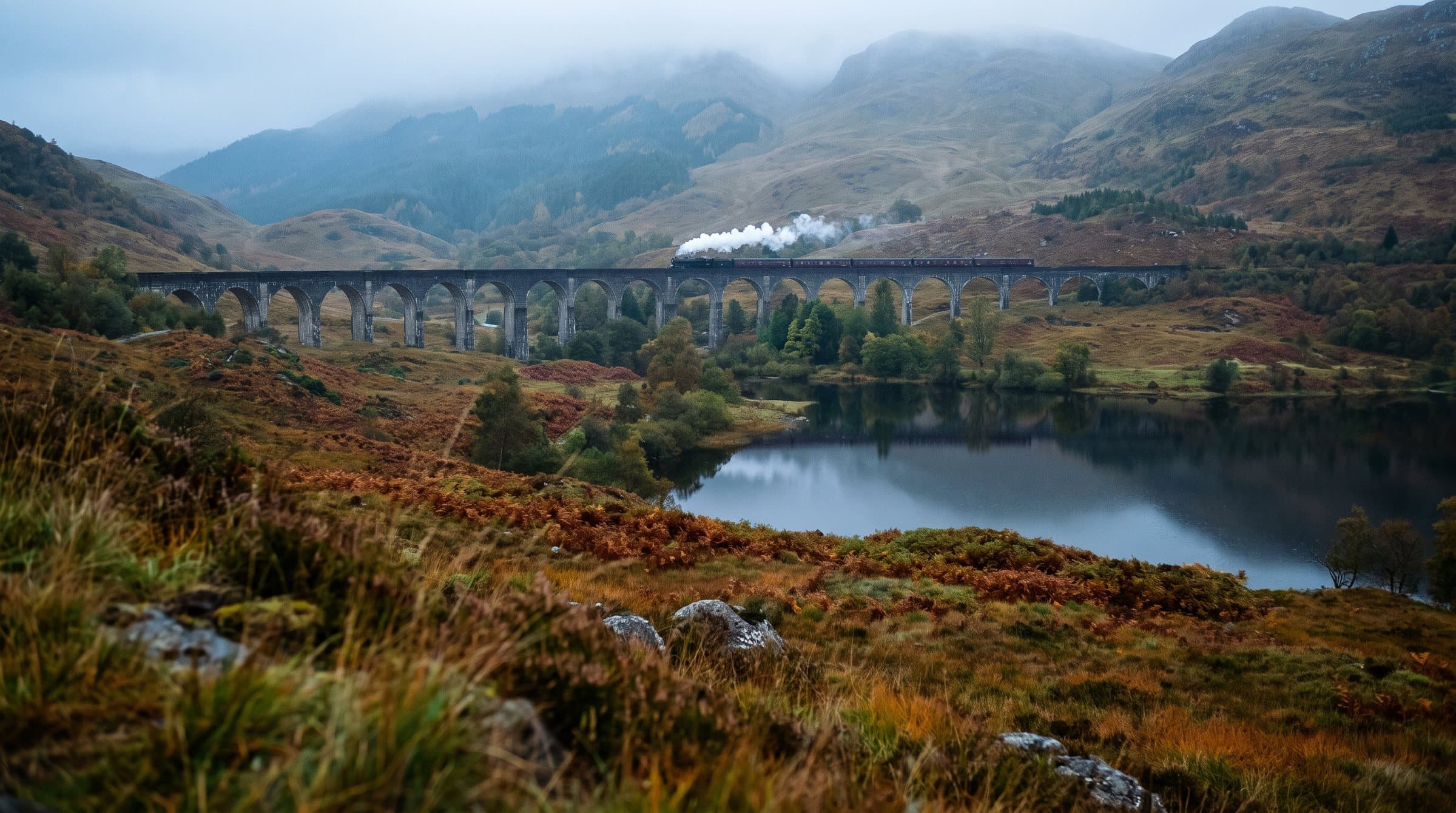 A many-arched stone railway viaduct crossing a Highland glen in autumn, a loch beyond and a train on the bridge
