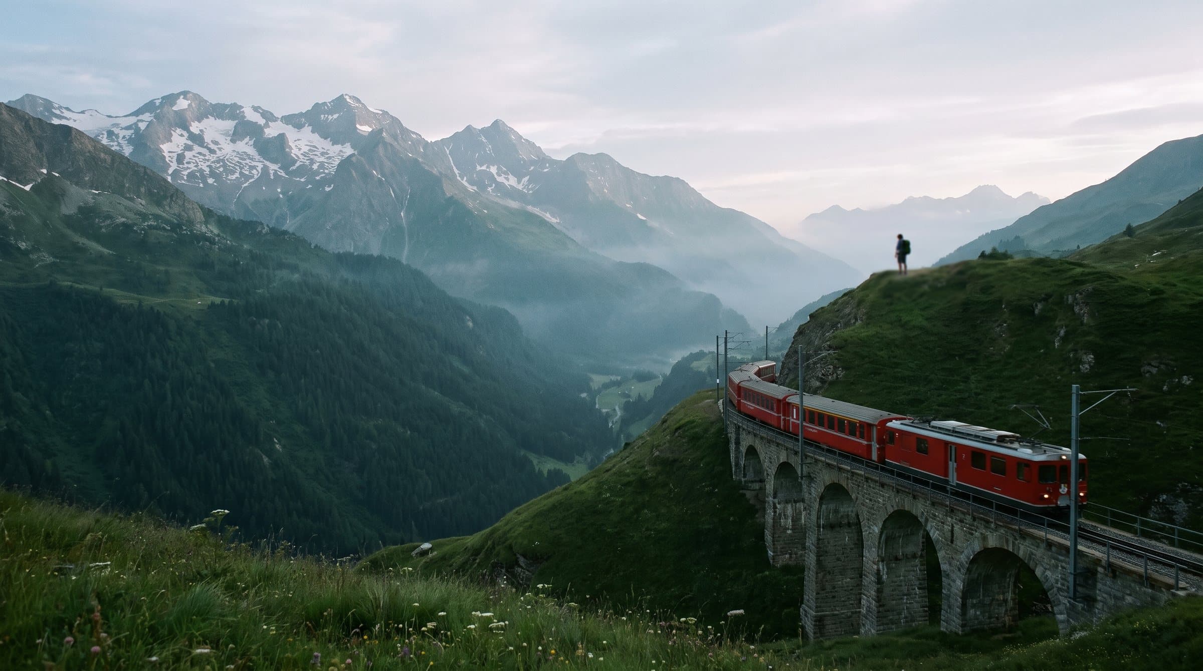 A red narrow-gauge train crossing a curved stone viaduct above a green alpine valley, snow peaks behind