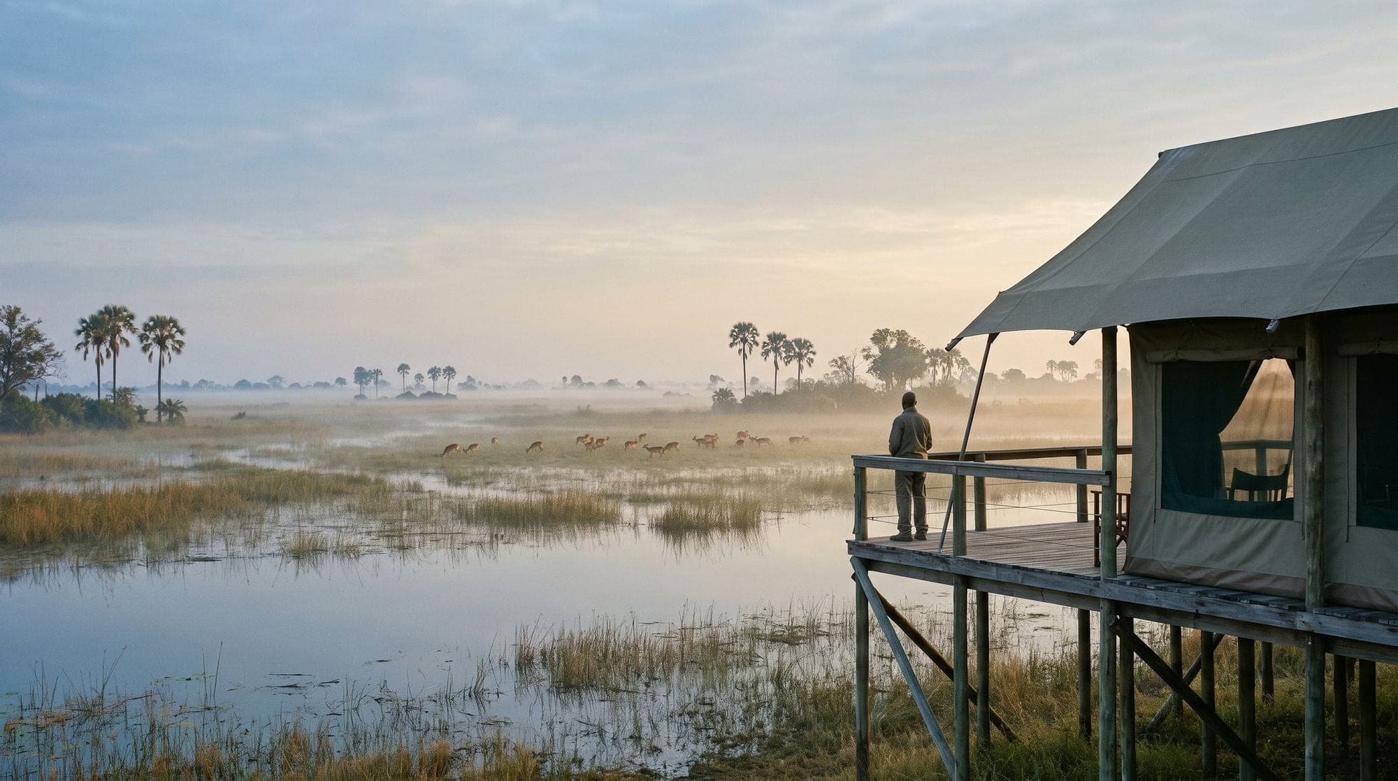 Illustrative image of a raised safari tent deck above a misty floodplain at dawn, a guest looking out over grazing antelope.