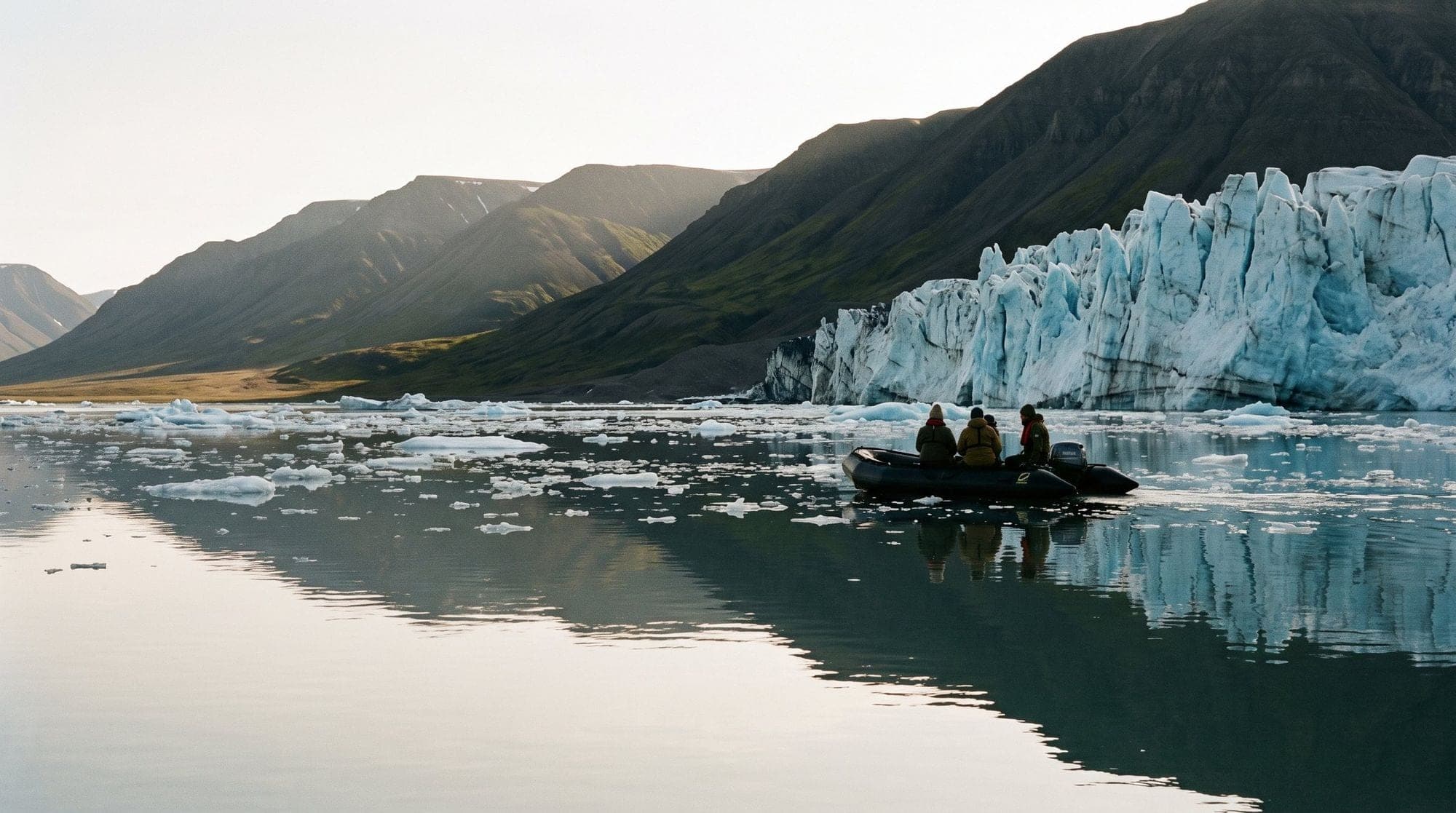 A Zodiac in still water below a glacier front and bare mountains