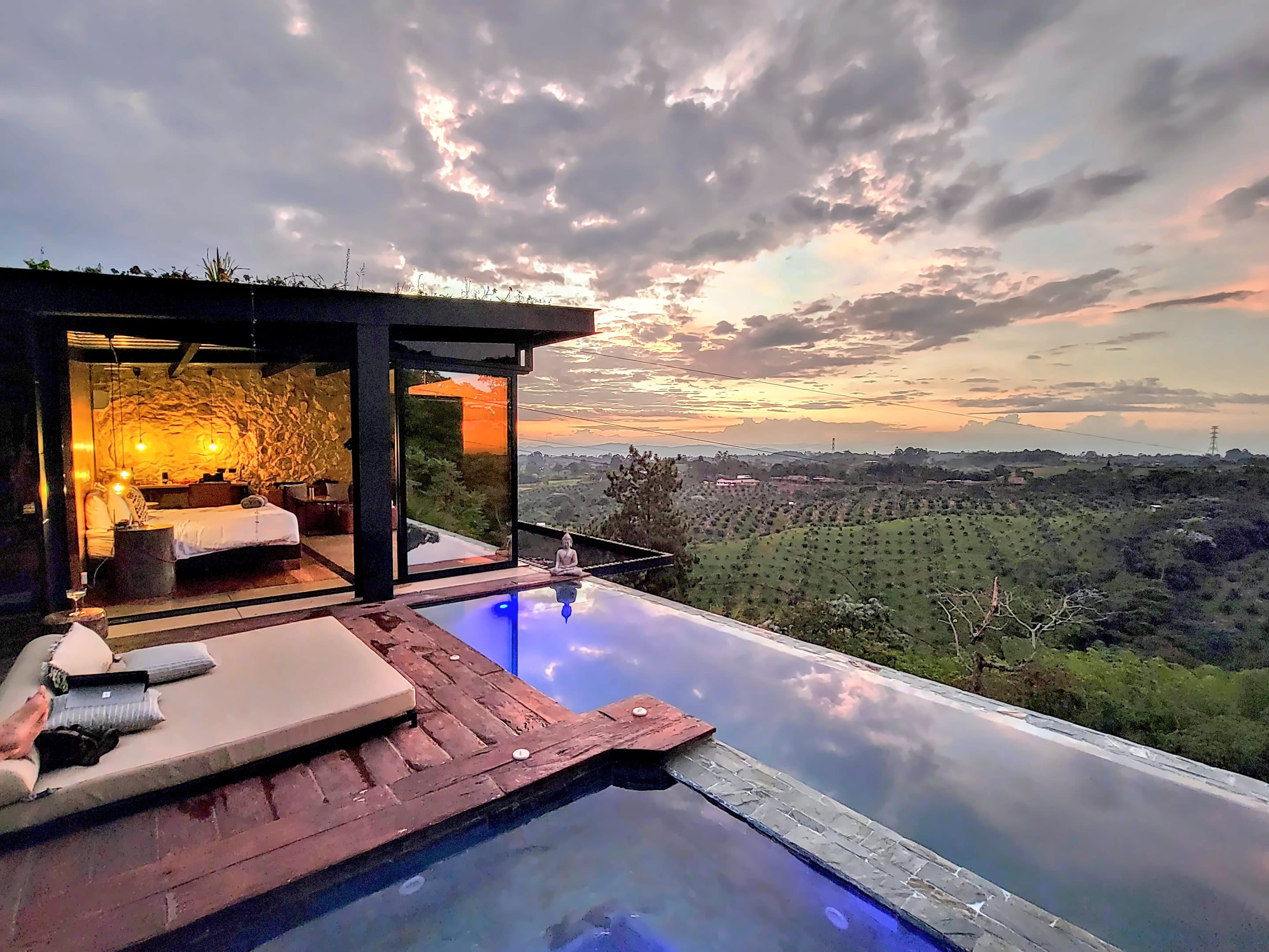 An infinity pool over the coffee hills at Bio Habitat hotel, Colombia