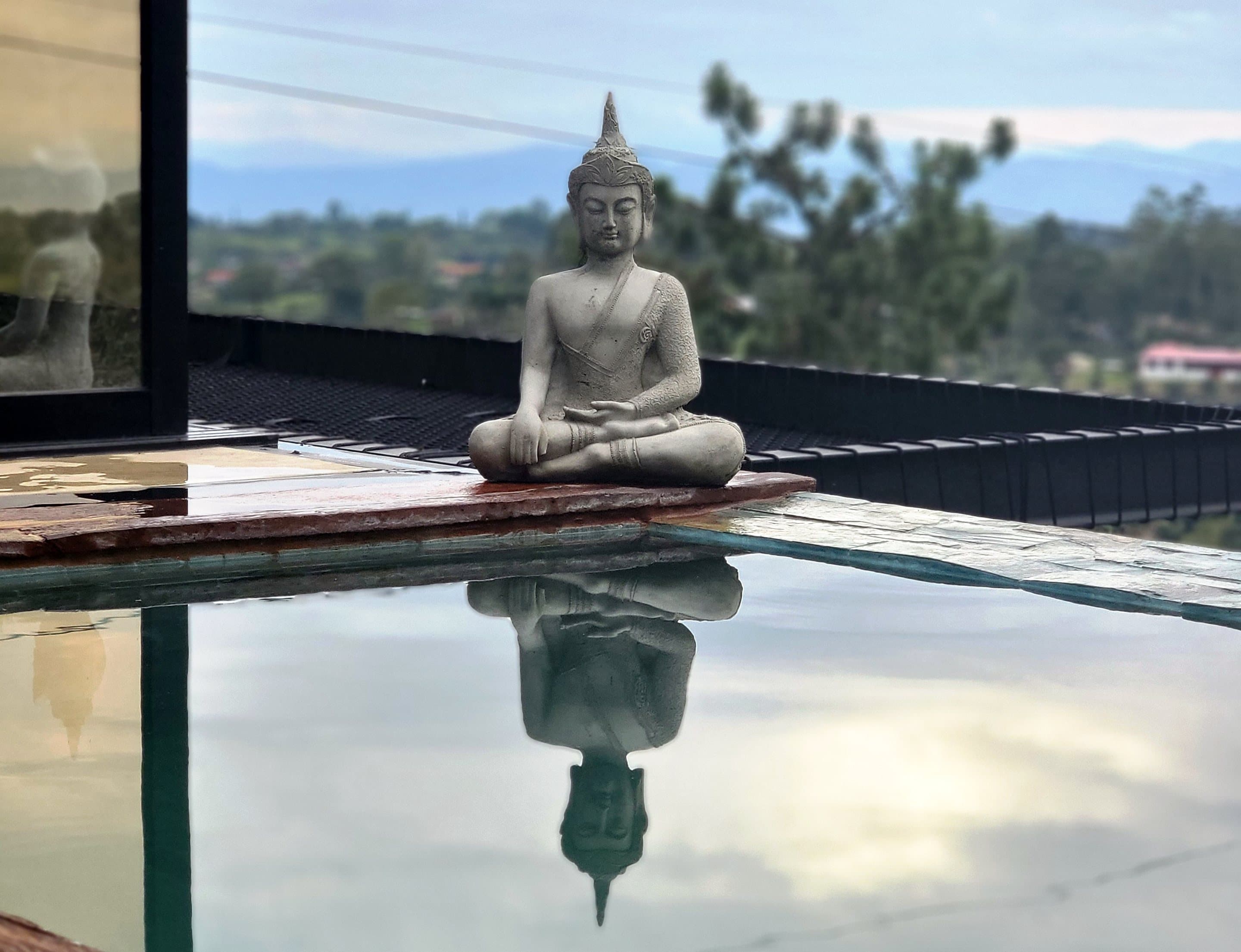 A Buddha statue reflected in the still water of an infinity pool at Bio Habitat, Quindio, Colombia.
