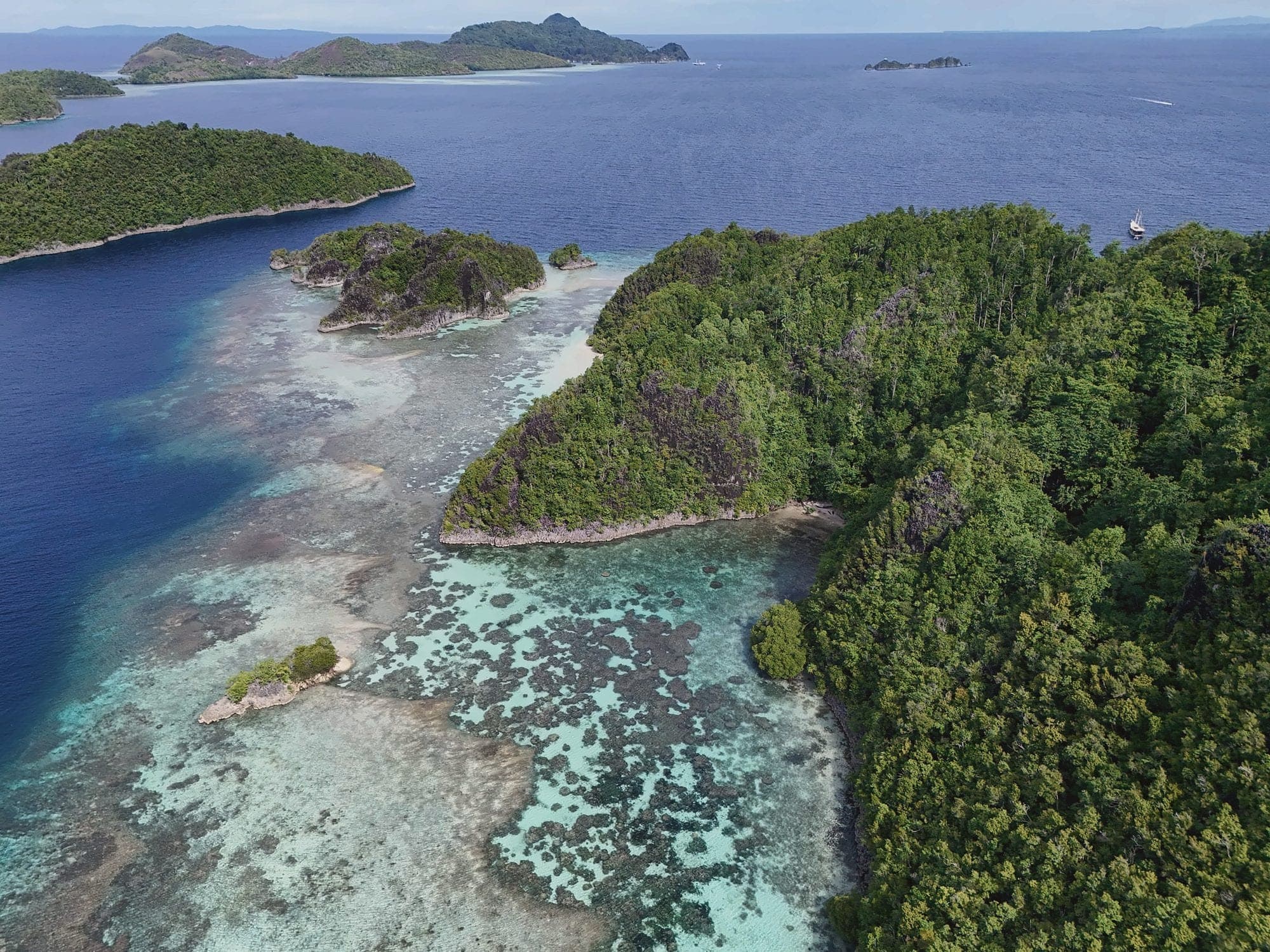 Jungle islands and a turquoise reef from the air, Raja Ampat