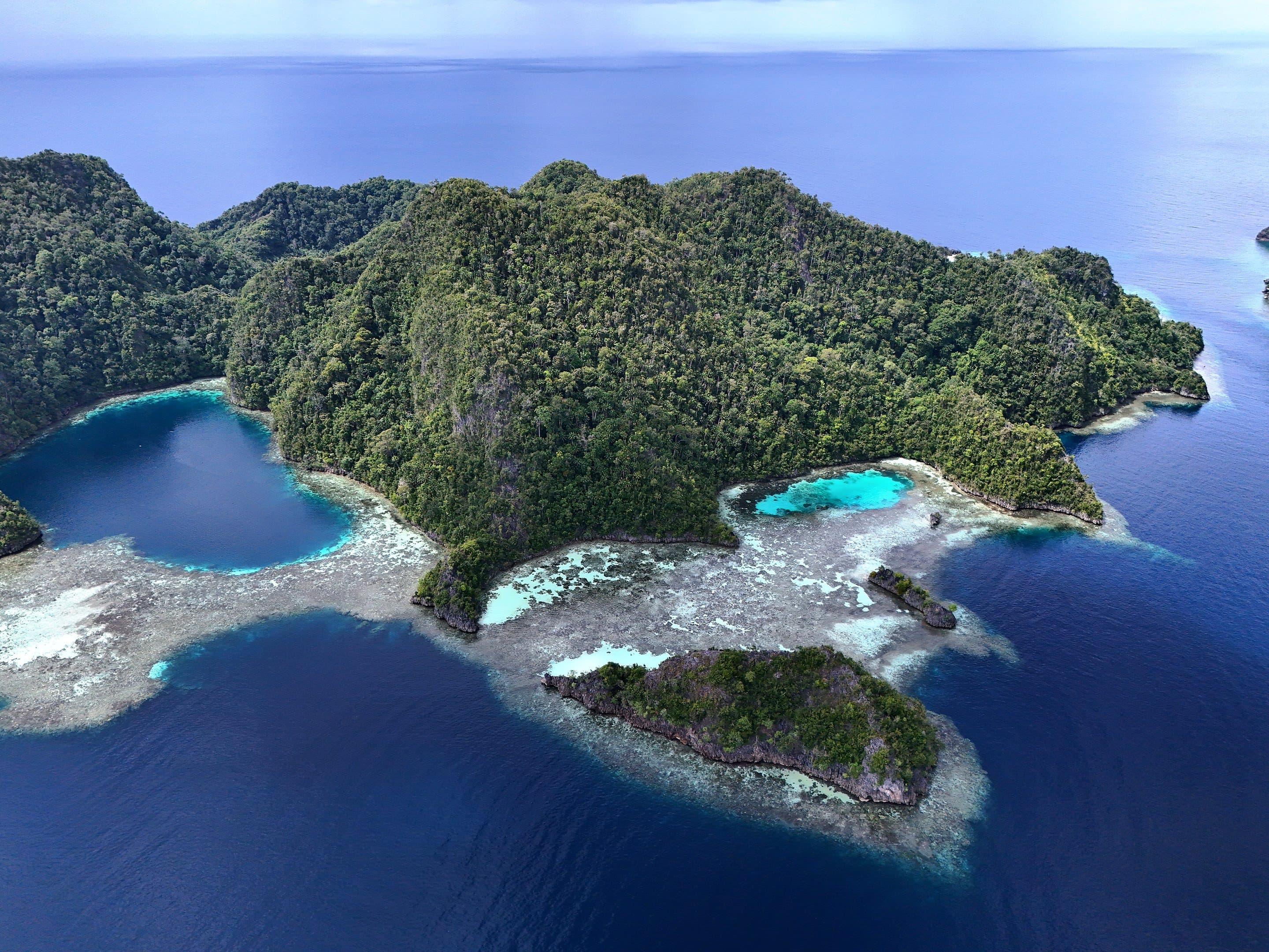 Jungle-covered karst islands with turquoise lagoons and pale reef in deep blue water, seen from the air in Raja Ampat