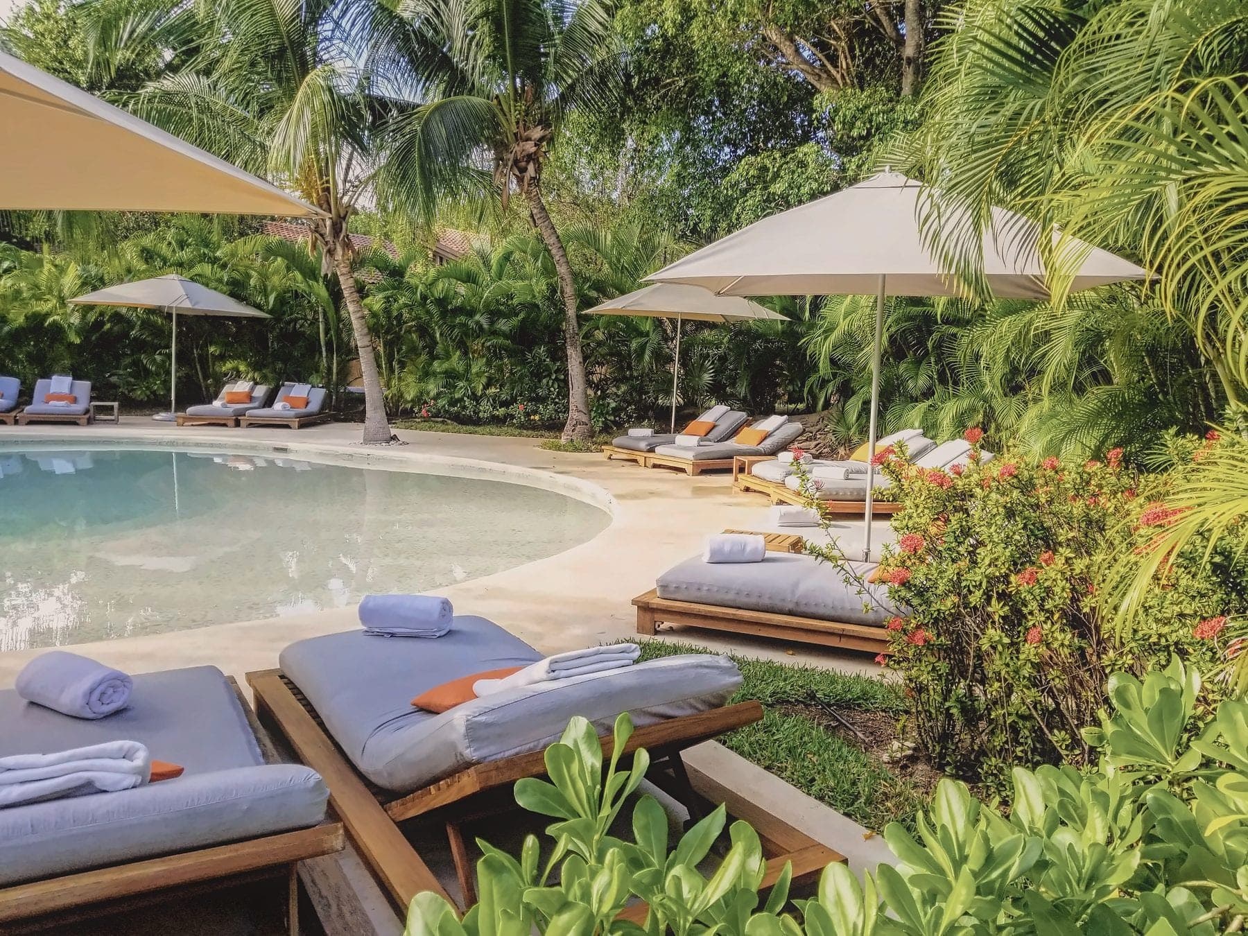 A lagoon-edge pool with blue daybeds under palms at Mayakoba